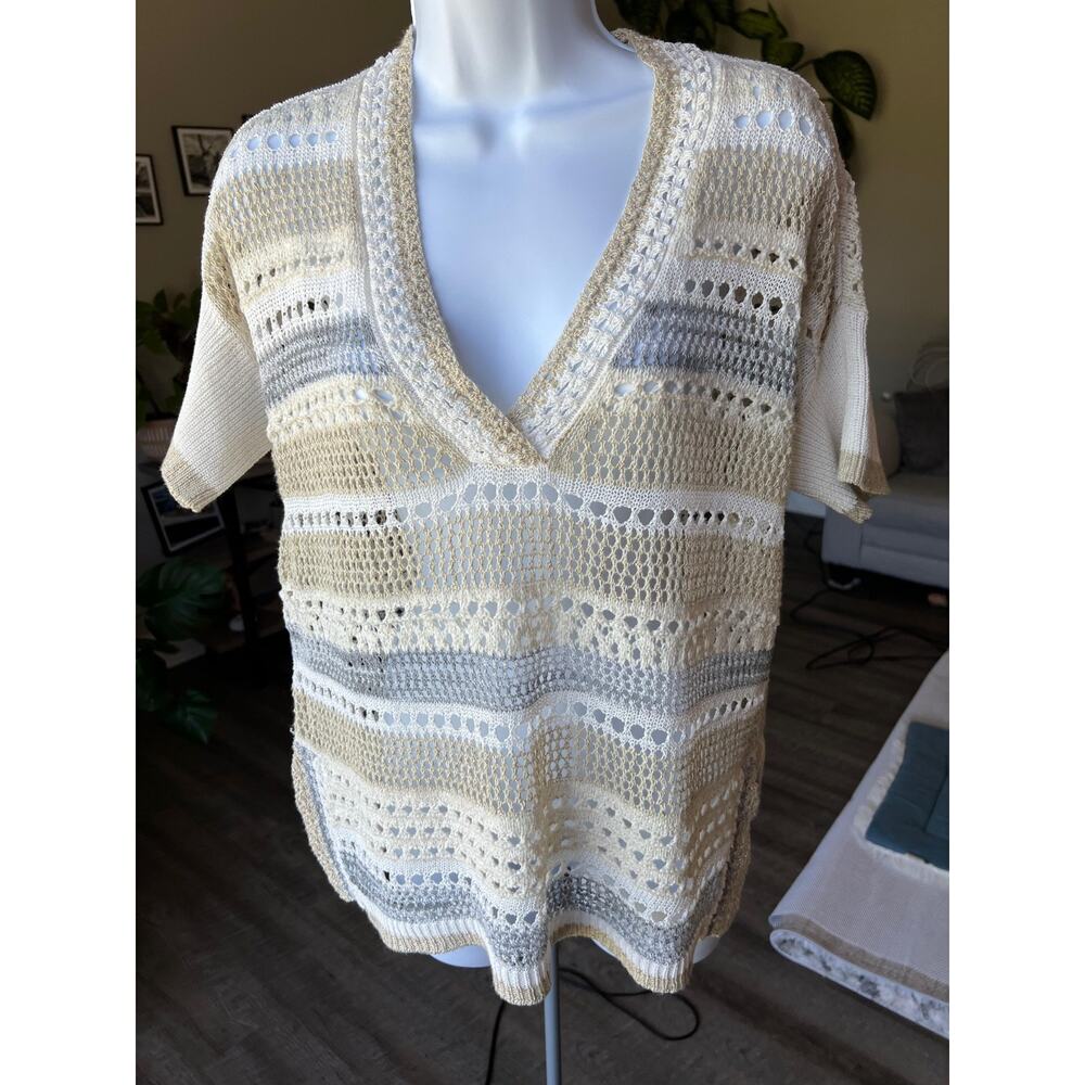Chico's Small Open Weave Crochet V-Neck Slouchy Boho Short Sleeve Sweater #484